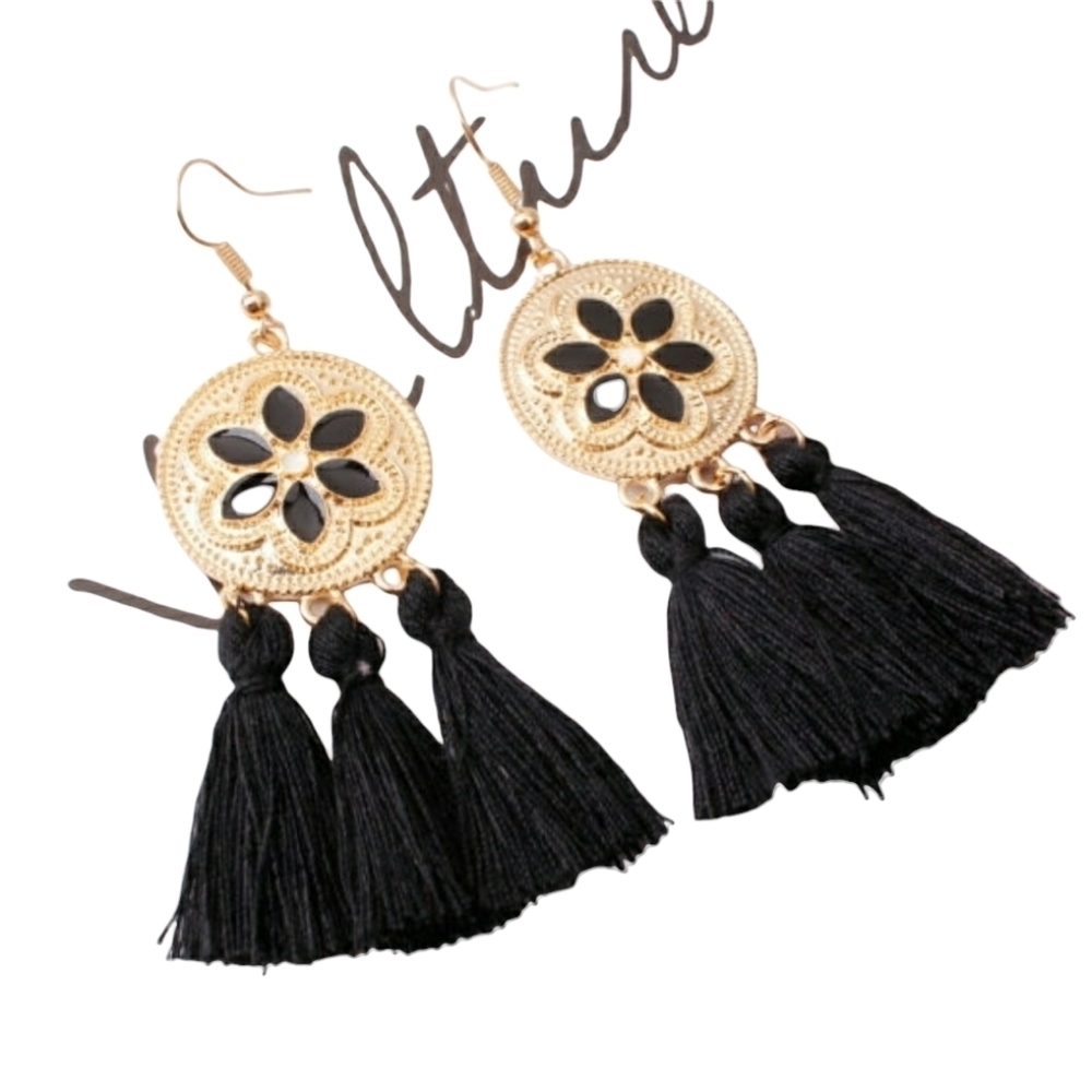 Bohemian Tassel Earrings‎ Black and Gold